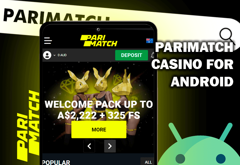 Logo Androd i strona kasyna Pari Match otwarte na ekranie smartfona i logo casino