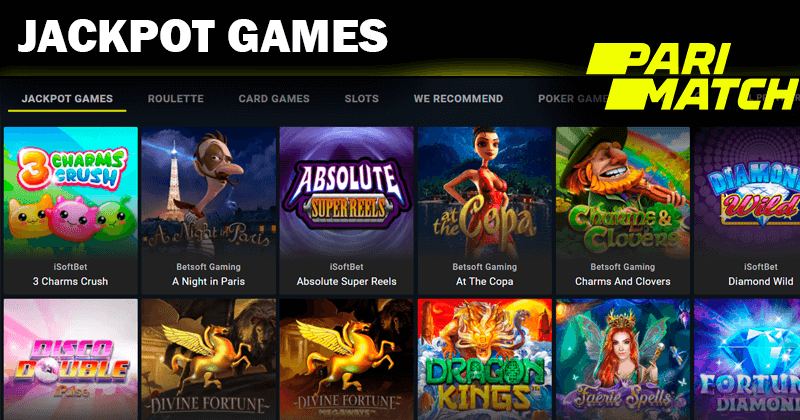 Skrót ekranu gier z jackpotem na stronie kasyna Pari Match i logo casino