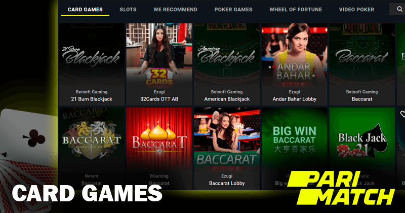 Skrót ekranu z grami karcianymi na stronie kasyna Pari Match i logo casino