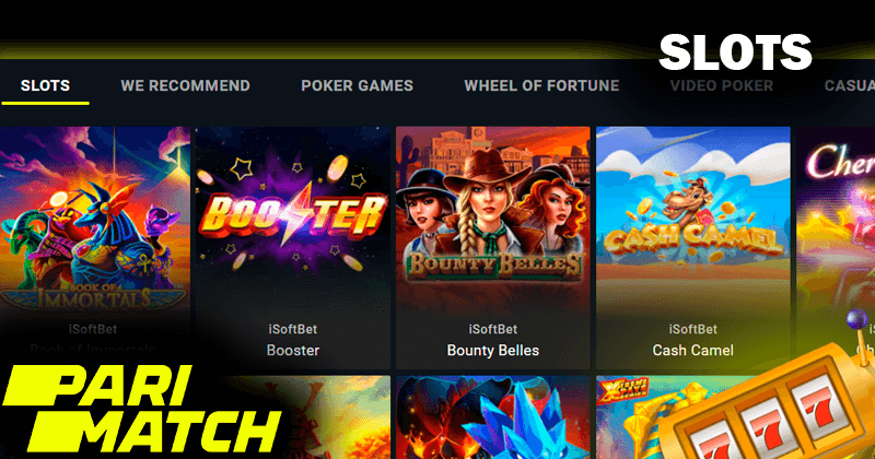 Skrót ekranu z grami slotowymi na stronie kasyna Pari Match i logo casino