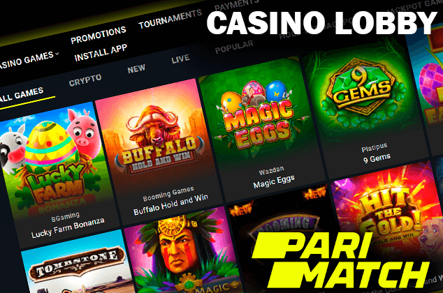 Zrzut ekranu lobby kasyna na stronie kasyna Pari Match i logo casino