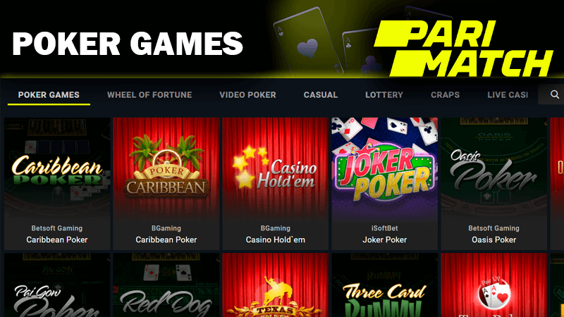 Zrzut ekranu kategorii gier pokerowych na stronie kasyna Pari Match i logo casino