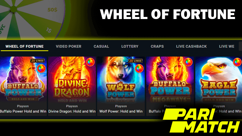 Zrzut ekranu kategorii Wheel of Fortune na stronie kasyna Pari Match i logo casino
