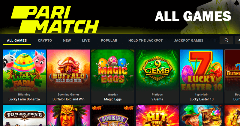 Skrót ekranu wszystkich gier na stronie kasyna Pari Match i logo casino