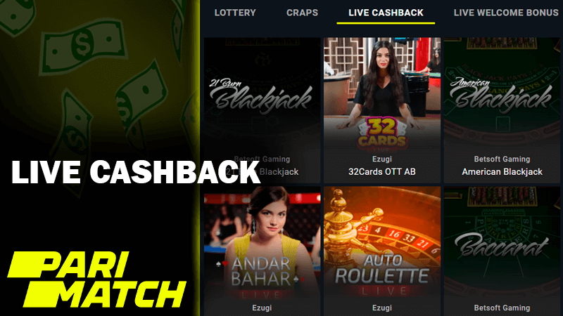 Zrzut ekranu kategorii cashback na żywo na stronie kasyna Pari Match