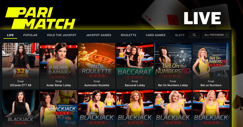 Skrót ekranu gier na żywo na stronie kasyna Pari Match i logo casino
