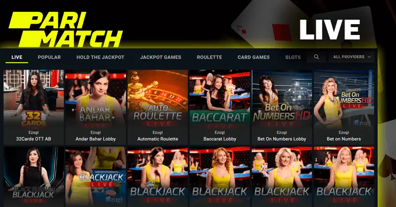 Skrót ekranu gier na żywo na stronie kasyna Pari Match i logo casino
