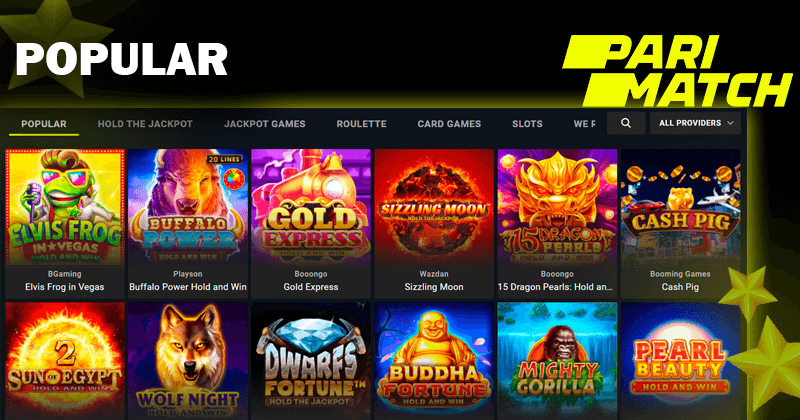 Skrót ekranu z popularnymi grami na stronie kasyna Pari Match i logo casino