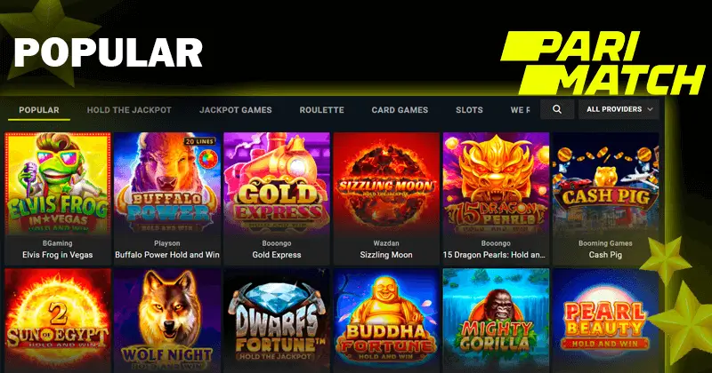 Skrót ekranu z popularnymi grami na stronie kasyna Pari Match i logo casino