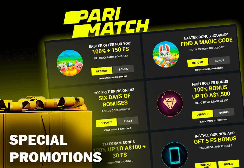 Zrzut ekranu z promocjami specjalnymi na stronie kasyna Pari Match oraz dwa złote pudełka upominkowe i logo casino