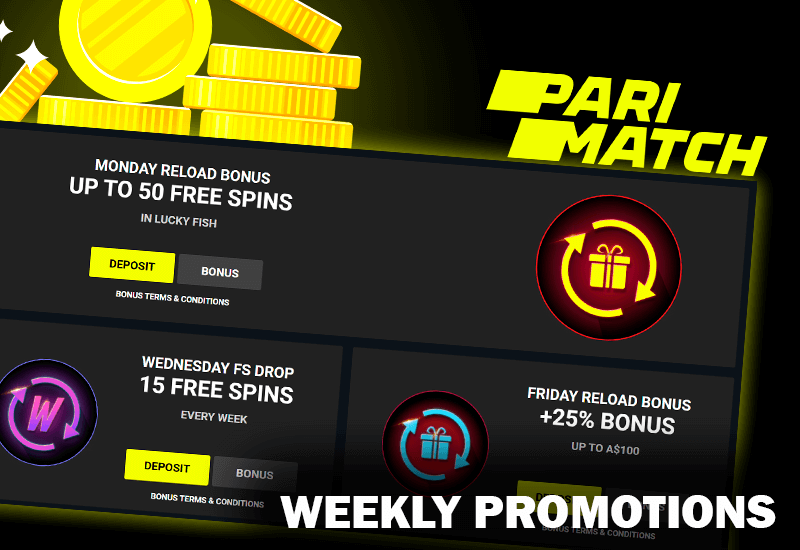 Zrzut ekranu cotygodniowych promocji na stronie kasyna Pari Match z ikoną monet i logo casino