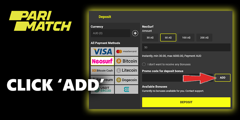 Dodaj kod promocyjny w parimatch